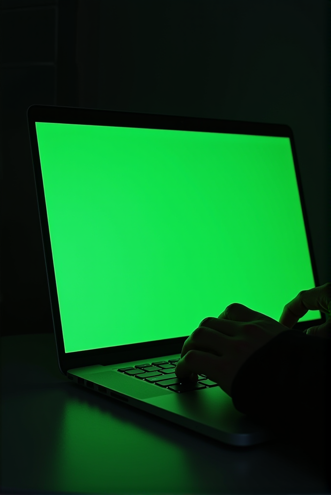 A person in low light interacts with a laptop displaying a vibrant green screen, suggesting a focus on technology or coding.