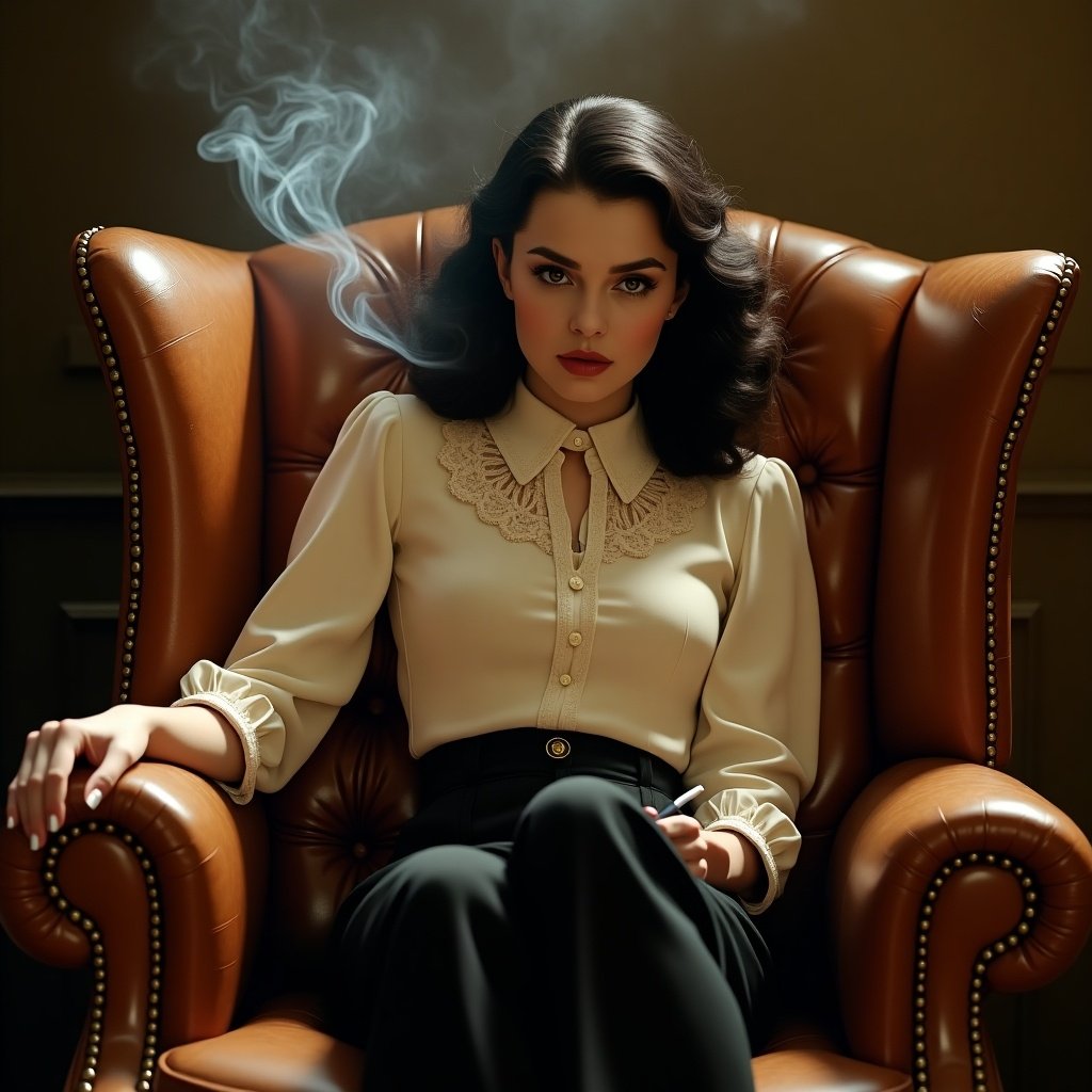 A refined young woman with alabaster skin and raven tresses sits poised in a cognac-colored leather armchair. She wears a fitted, high-collared blouse with Chantilly lace details and high-waisted, wide-legged pants. Cradling a slender, silver cigarette holder, wisps of smoke dance around her in a warm, golden light. This close-up portrait captures a mood of nostalgia, accentuating her enigmatic gaze. The image is rendered in stunning 8k resolution, featuring triadic colors that pop against the muted background, showcasing intricate textures.