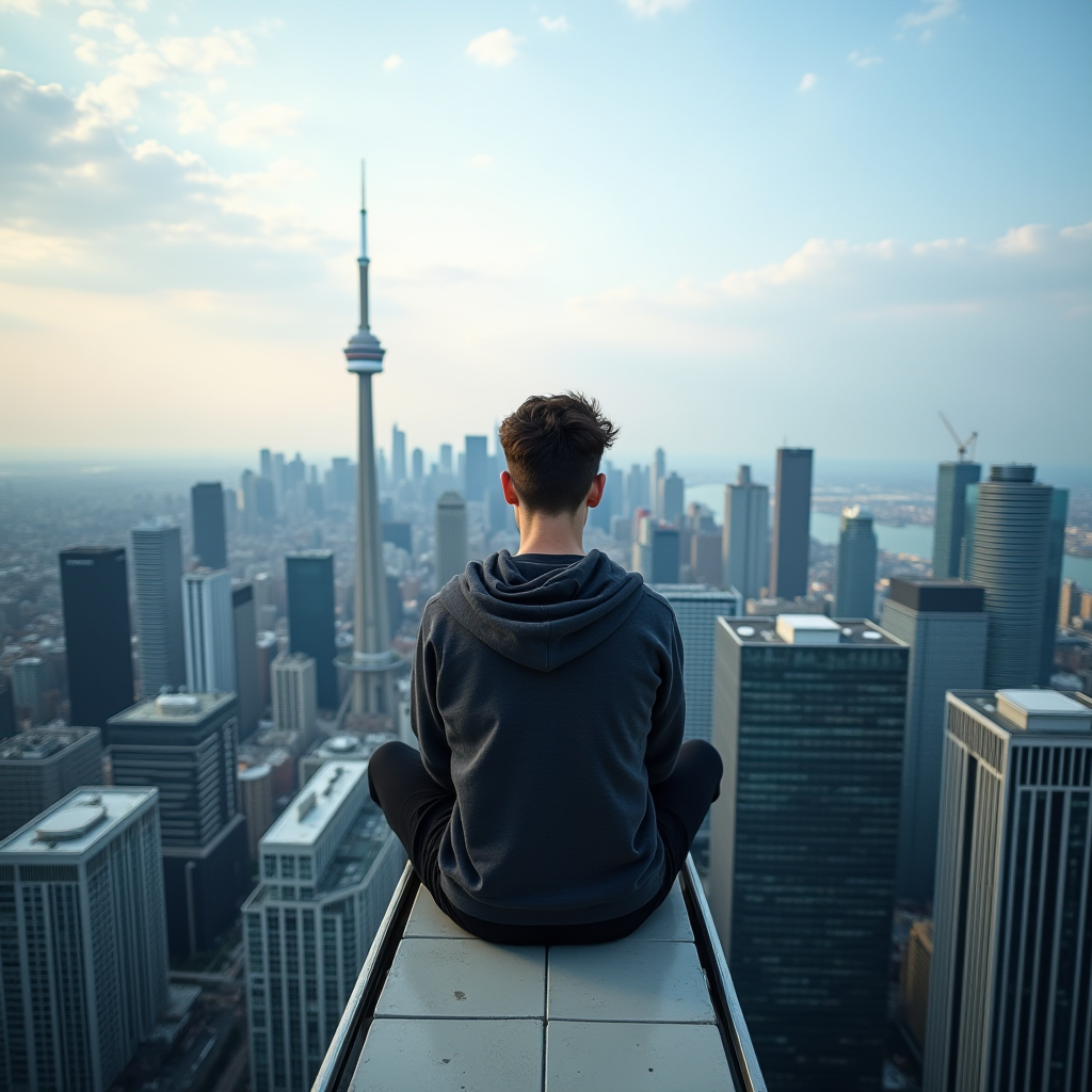 A person sits on the edge of a rooftop overlooking a large city's skyline.