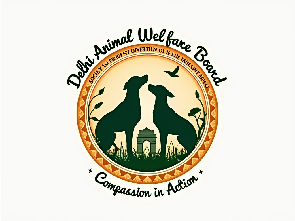 Logo of the Delhi Animal Welfare Board featuring silhouetted dogs, greenery, and the India Gate, with the tagline 'Compassion in Action'.