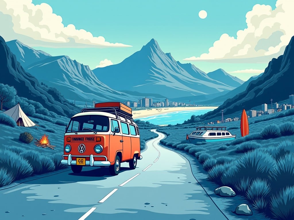 This illustration showcases the spirit of adventure in South Africa. The vintage VW Kombi van, 'Vinnige Frikkie,' drives along a beautiful road. Surrounded by a mix of South African landscapes, it features mountains, beaches, and a bushveld bonfire. In the background, iconic landmarks and amenities symbolize the vibrant culture. The color palette is predominantly blue and white, enhancing its adventurous charm. The scene invites viewers to explore the beauty of South Africa.