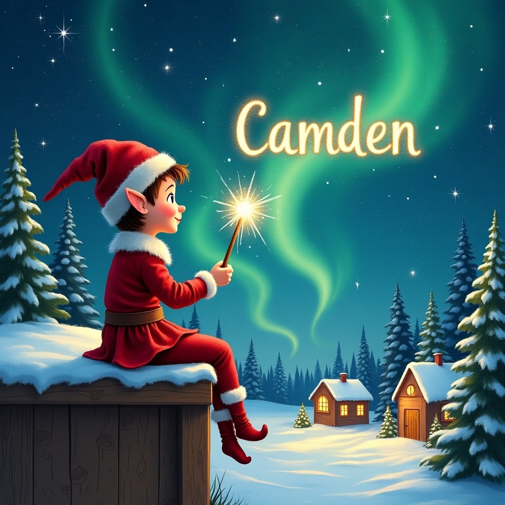 An elf sits on a wooden ledge with its back to the camera, gazing at a magical sky. Dressed in a red outfit with a pointed hat, the elf holds a sparkling wand. With the wand, the elf writes the name 'Camden' in the starry sky. The scene is painted with a snowy landscape, charming little houses, and evergreen trees under shimmering Northern Lights. This whimsical depiction captures the essence of childhood magic and Christmas cheer.