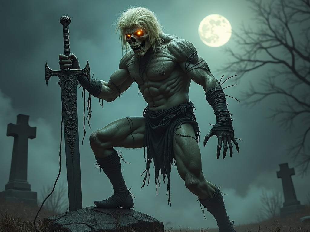 In a moonlit graveyard, a menacing, muscular figure with glowing eyes grips a massive sword. This eerie scene is set against a backdrop of fog-shrouded tombstones and barren trees, creating an atmosphere of suspense and supernatural power. The overall color palette of greys and greens adds to the chilling mood.