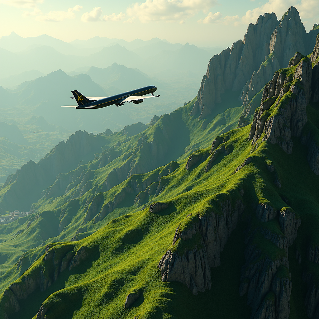 A commercial airplane soars above lush green mountains under a sky filled with soft clouds, capturing a serene yet dramatic landscape view.