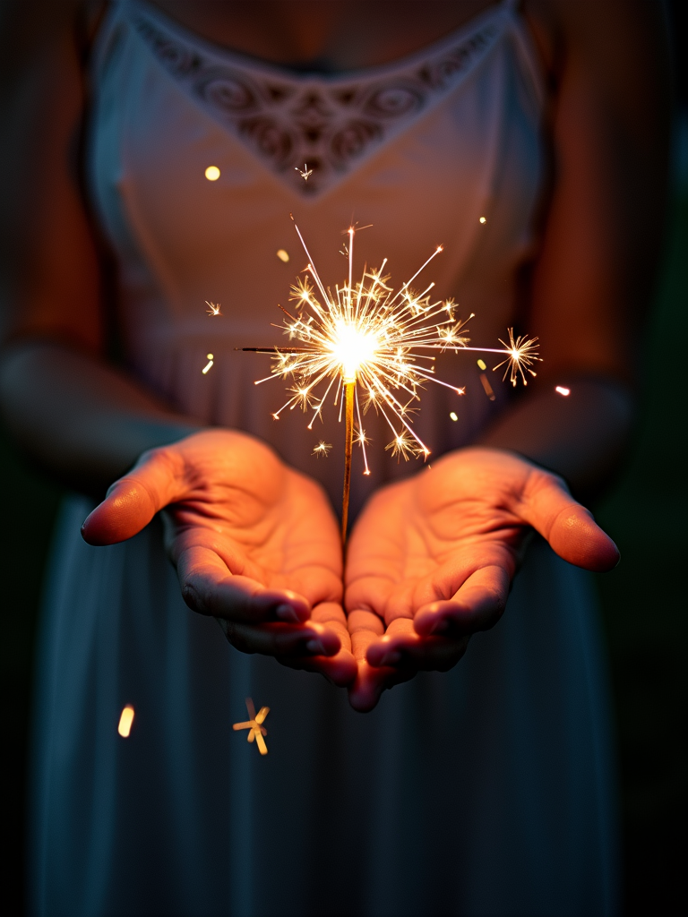 A person holds a lit sparkler carefully in their hands, creating a warm glow.