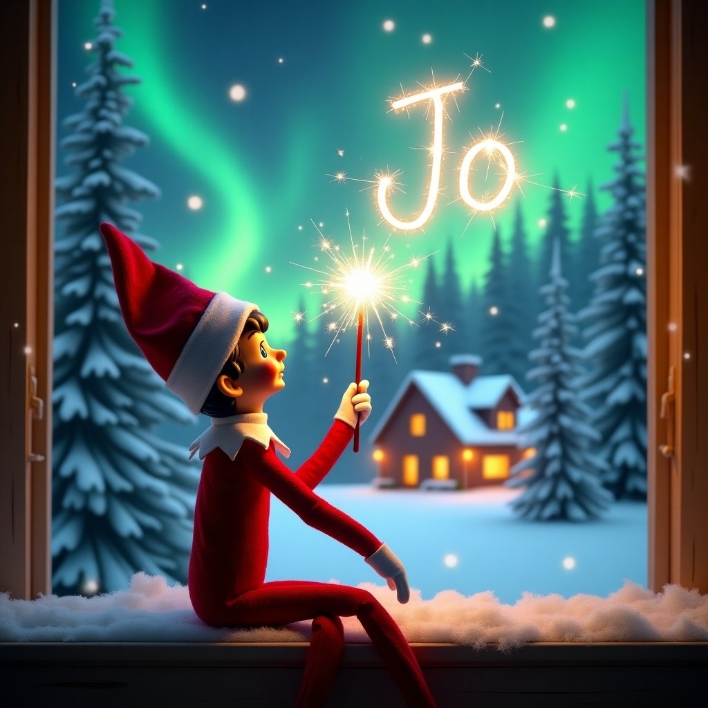 The image features an adorable elf on the shelf sitting on a window ledge, with his back turned to the viewer. He is using a magical wand to create twinkling sparks while looking up at a stunning display of northern lights. The background is set in a winter wonderland, filled with snow-covered pine trees, conjuring a festive holiday feel. Dressed in a vibrant red outfit with white trim, the elf embodies the Christmas spirit. The scene is illuminated by the enchanting colors of the aurora borealis, enhancing the magical ambiance. The name 'Jo' is written in the air using the wand, creating a sense of holiday cheer.