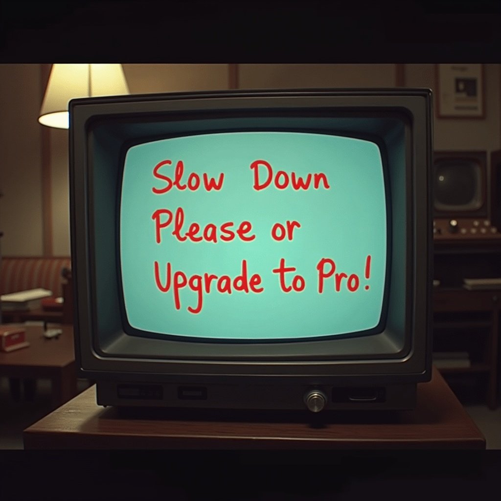 This image features a vintage television set displaying a humorous message in red text: "Slow Down Please or Upgrade to Pro!" The scene is set in a cozy, retro-themed room with subtle lighting, casting warm shadows. The television, with a classic design, is the central focus, evoking a sense of nostalgia for older technology.