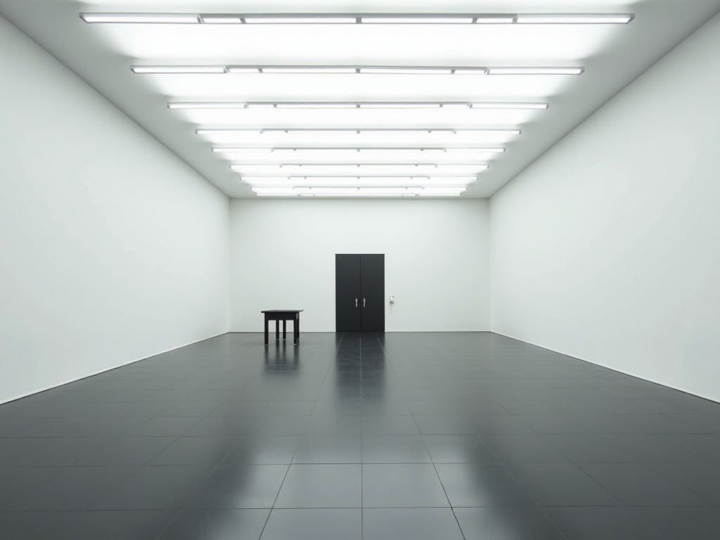 The image shows a spacious, modern interior, possibly an exhibition hall or a gallery. The floor is made of dark tiles, creating a sleek and elegant look. Bright, linear LED lights illuminate the ceiling, enhancing the openness of the space. To the left, a small black table stands alone, suggesting minimal furnishing. There are also white walls on both sides, and a pair of doors is visible in the middle, providing access to another area. The overall atmosphere is clean and uncluttered, ideal for displaying artwork or hosting events.