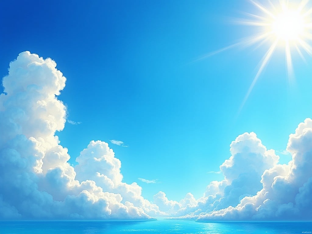 A serene ocean under a bright sky with fluffy clouds and a shining sun