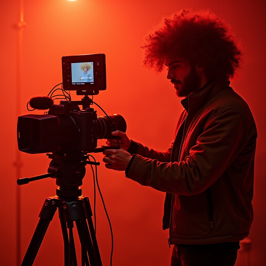 The image portrays a person with a striking afro hairstyle, silhouetted against a vibrant red background. They are adjusting a professional video camera mounted on a tripod, with various cables and a microphone attached. The camera monitor displays an image of another person with a similar hairstyle. The scene is bathed in a dramatic red light, creating a cinematic and intense atmosphere. The figure's concentration on the camera suggests a focus on capturing the perfect shot, highlighting the theme of filmmaking and creativity.