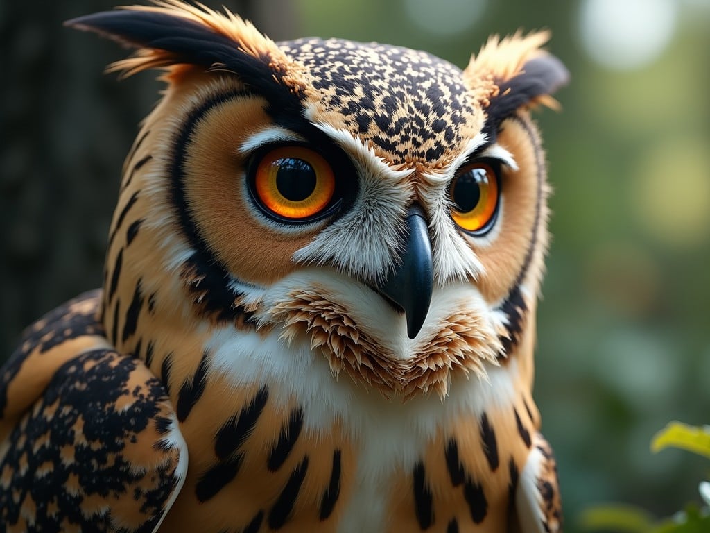 A powerful close-up of a vividly colored owl with striking eyes.