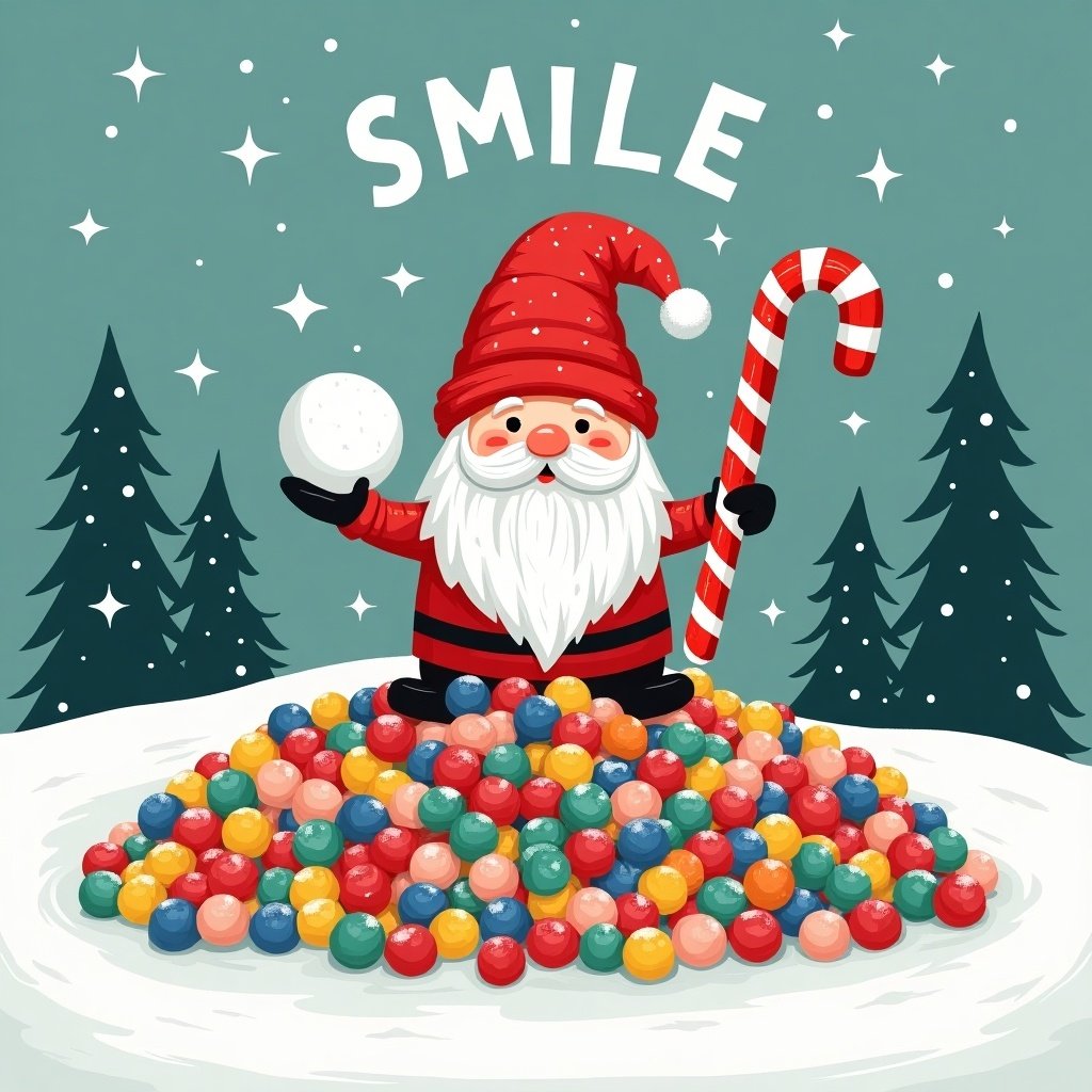 This illustration features a whimsical gnome standing cheerfully on a pile of colorful candies. He holds a snowball in one hand and a candy cane in the other. The background showcases a wintery scene with pine trees and sparkling stars. Above him, the word 'SMILE' is prominently displayed, adding to the joyful theme of the image. The ground is covered in snow, enhancing the festive Christmas ambiance. Overall, this artwork embodies a fun and playful holiday spirit.