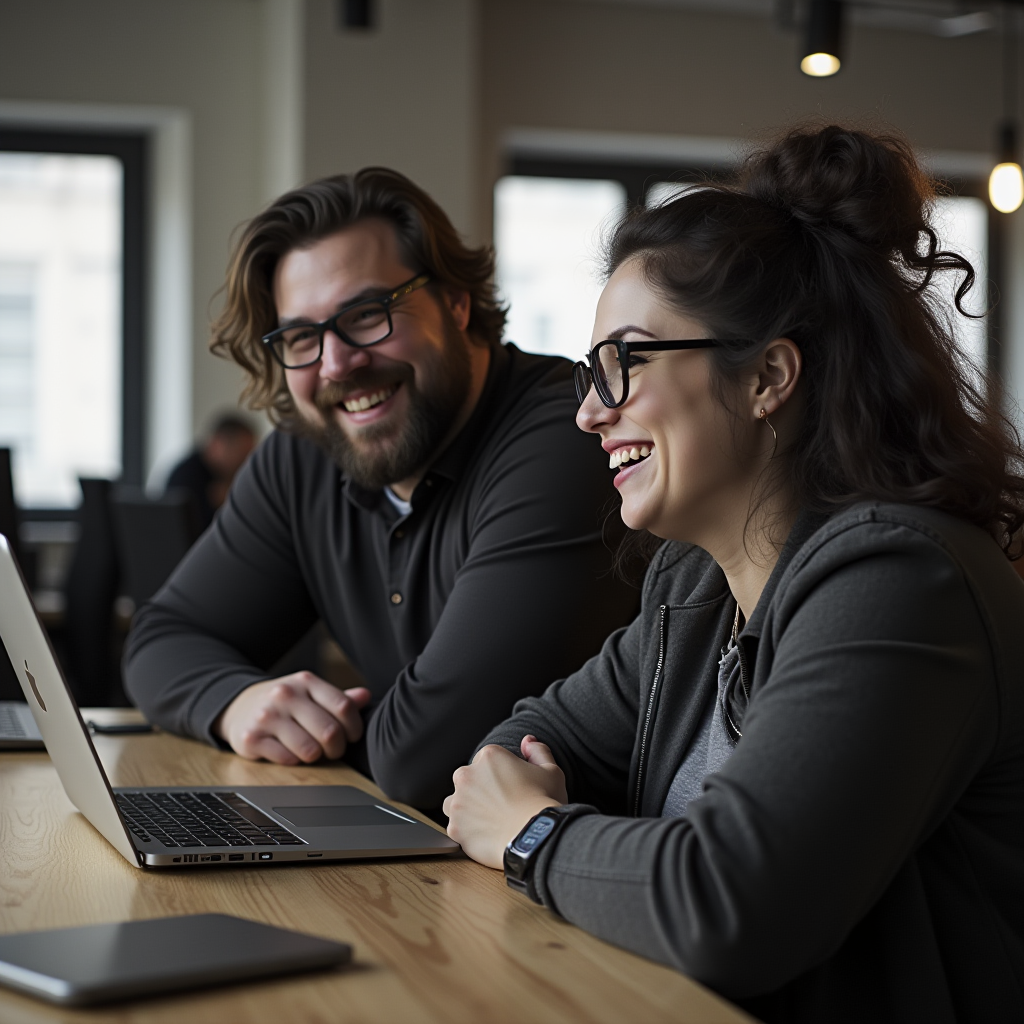 Two people wearing glasses are happily working together on a laptop at a wooden table.