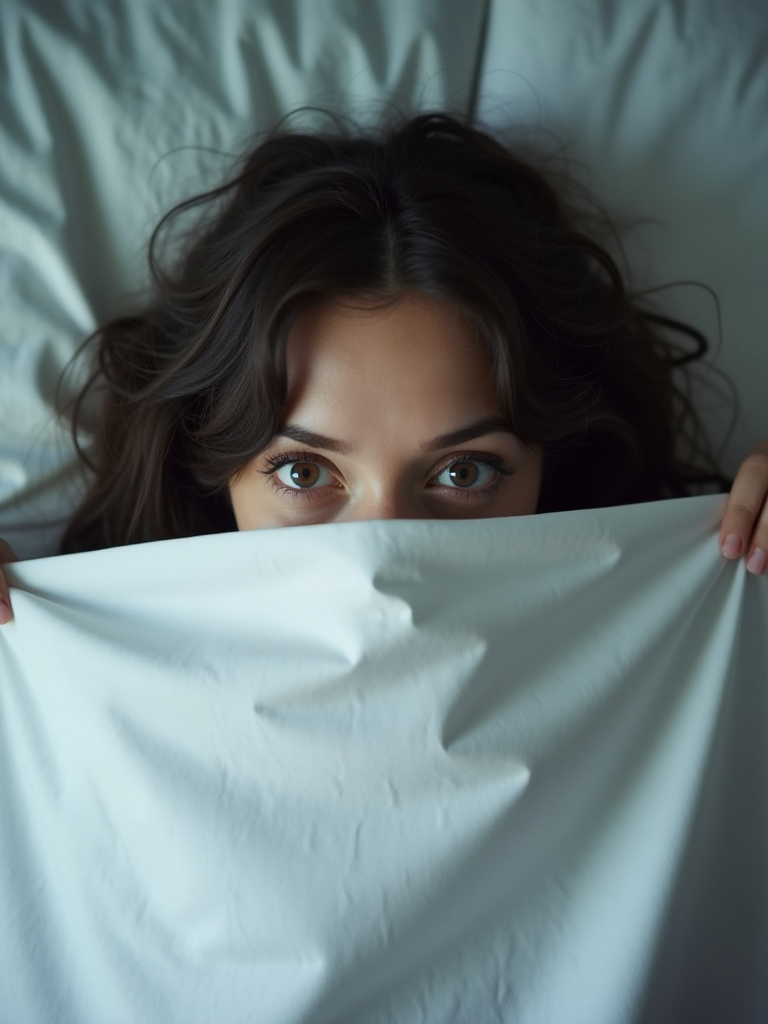 A person peeks over a white blanket, revealing their eyes in a soft-lit, intimate setting.