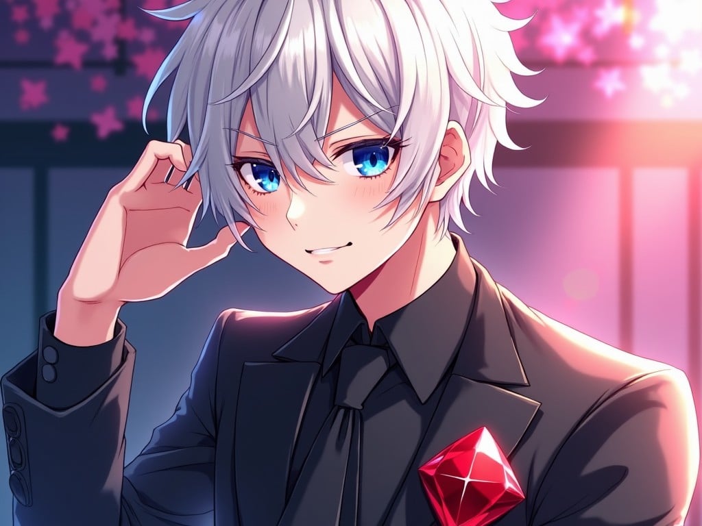 The image features a stylish young male character with silver hair and bright blue eyes. He is wearing a sleek black suit with a black tie and a striking red gem pinned to his lapel. The background is blurred with pinkish hues, hinting at cherry blossoms. The character is smiling subtly, exuding confidence and charm. This portrait captures a moment that feels both modern and artistic, making it appealing for anime fans.