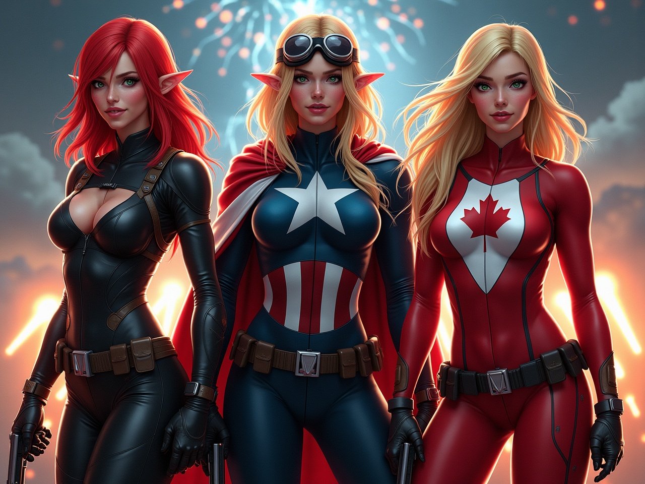 This image features three powerful women superheroes standing side by side. The first woman has red hair, elf-like features, and is wearing black leather armor. The second woman, with blonde hair and goggles, sports an American-themed bodysuit with a star emblem and a cape, showcasing her confidence with a salute. The third woman, also blond, presents a striking Canadian bodysuit adorned in red and white, holding a pistol and displaying her long sharp claws. The night scene is filled with dynamic lighting from vibrant fireworks spelling out '1, 111, 111 likes' against a dramatic cloud background. Each character exhibits expressive eyes and flawless faces, embodying strength and elegance in this masterpiece.