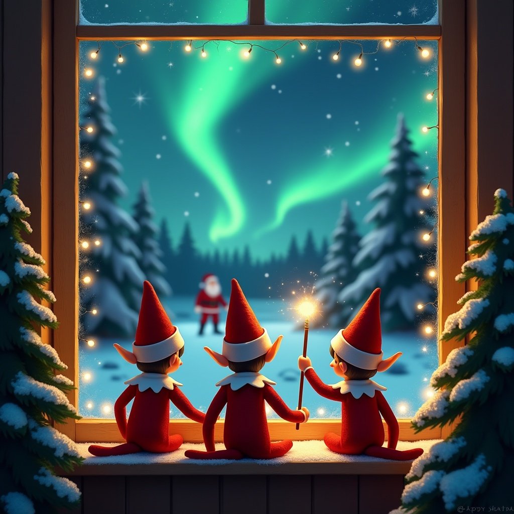 This image shows a festive scene featuring three elves sitting on a windowsill. They are looking out at a magical night sky filled with northern lights. The elves have their backs to the viewer and are holding wands. They appear to be writing the message 'Elleigh-Mae, I’m coming back' in the sky. Santa Claus can be seen in the distance, adding to the festive mood. The window is decorated with twinkling lights, creating a warm and cozy feeling suitable for the holiday season. Snow blankets the ground and evergreen trees enhance the enchanting atmosphere.