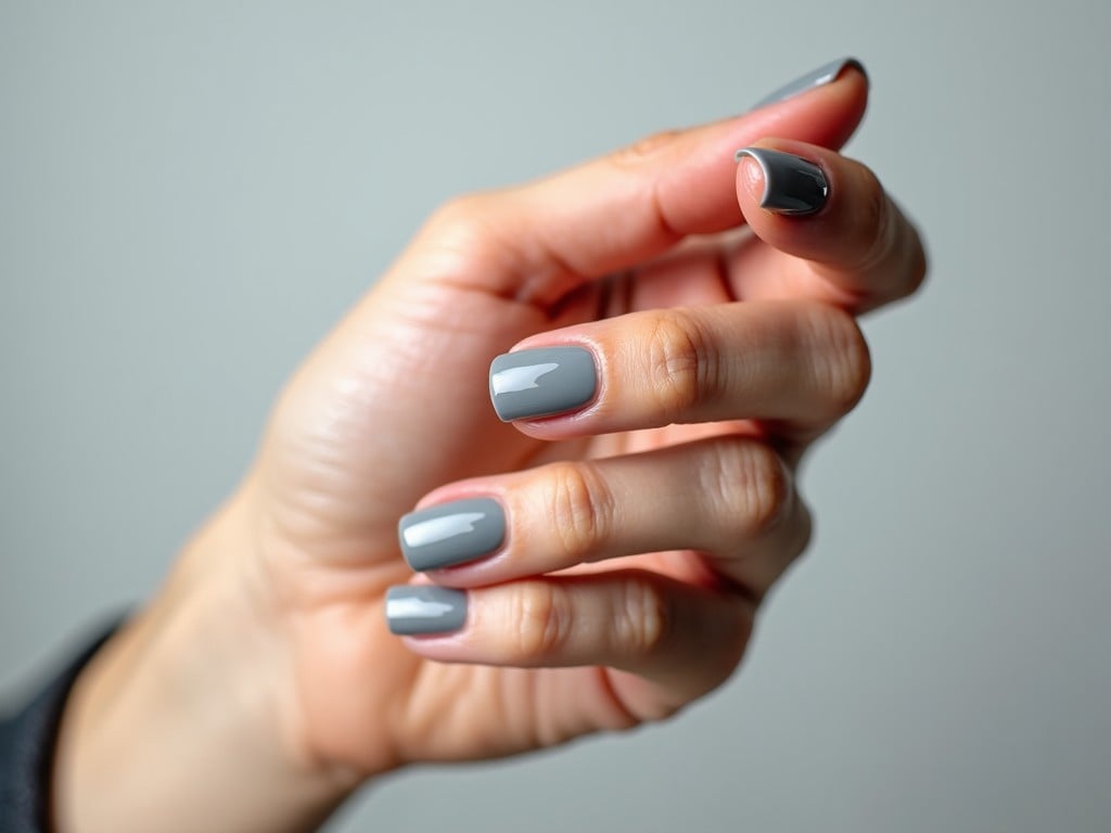 A hand with grey nail polish, showcasing carefully manicured nails in a close-up shot.