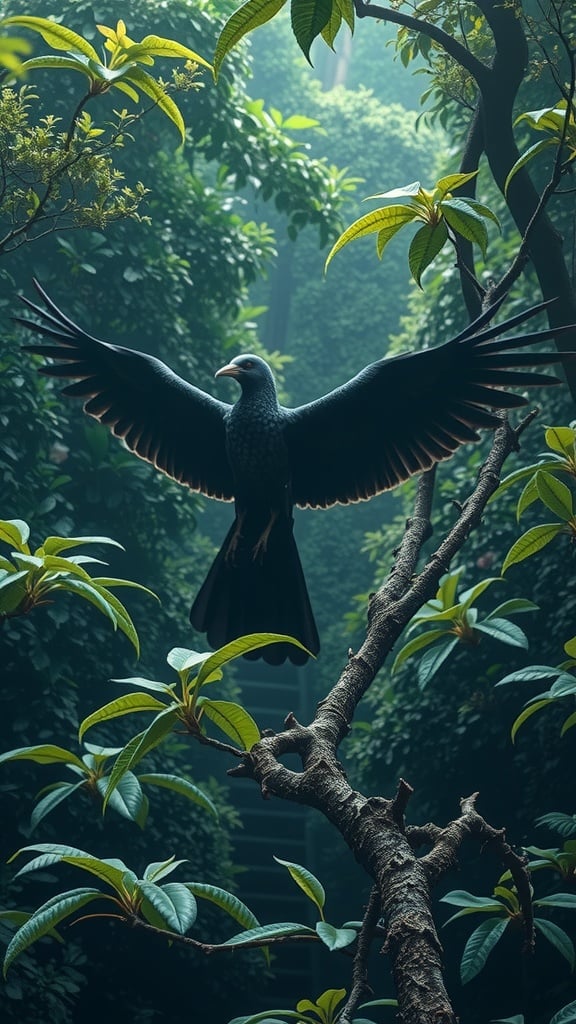 A black bird elegantly spreads its wings amidst lush green foliage.