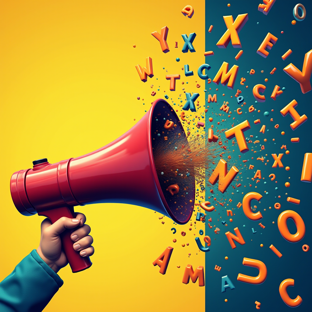 A hand holding a megaphone with colorful letters bursting out.