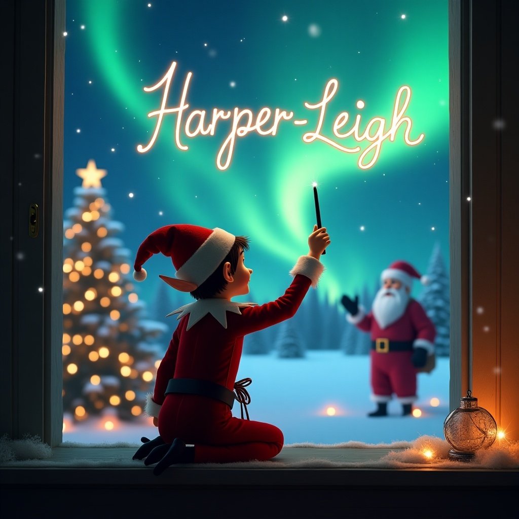 An elf on the shelf is depicted from the back, positioned gracefully while facing a beautiful night sky filled with Northern Lights. With a magical wand held up, the elf is writing 'Harper-Leigh' elegantly in the sky. The background features a beautifully decorated Christmas tree and Santa Claus, adding a festive touch. The scene captures the magic of Christmas and the joy of the holiday season. Soft, glowing lights enrich the enchanting atmosphere, making it a perfect visual for holiday celebrations.