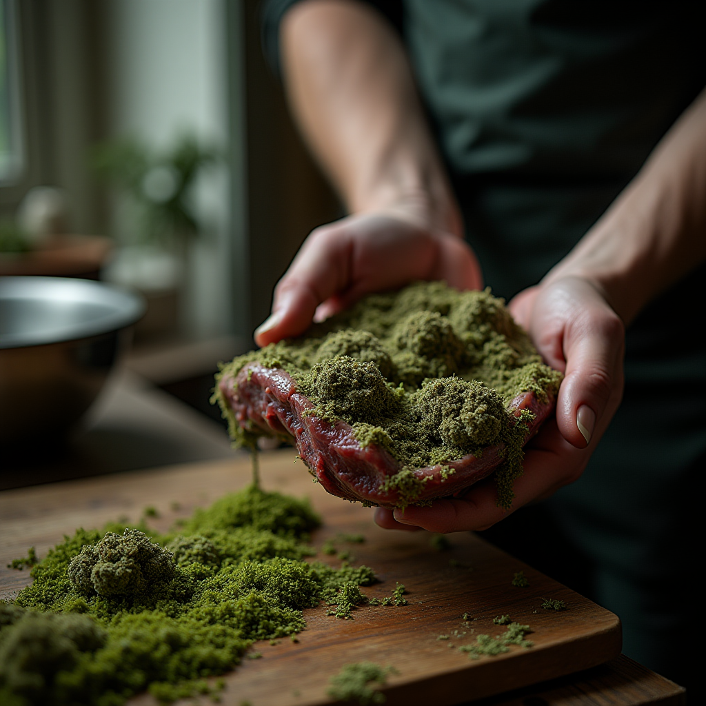 A person preparing a piece of meat with a vibrant green herb rub.