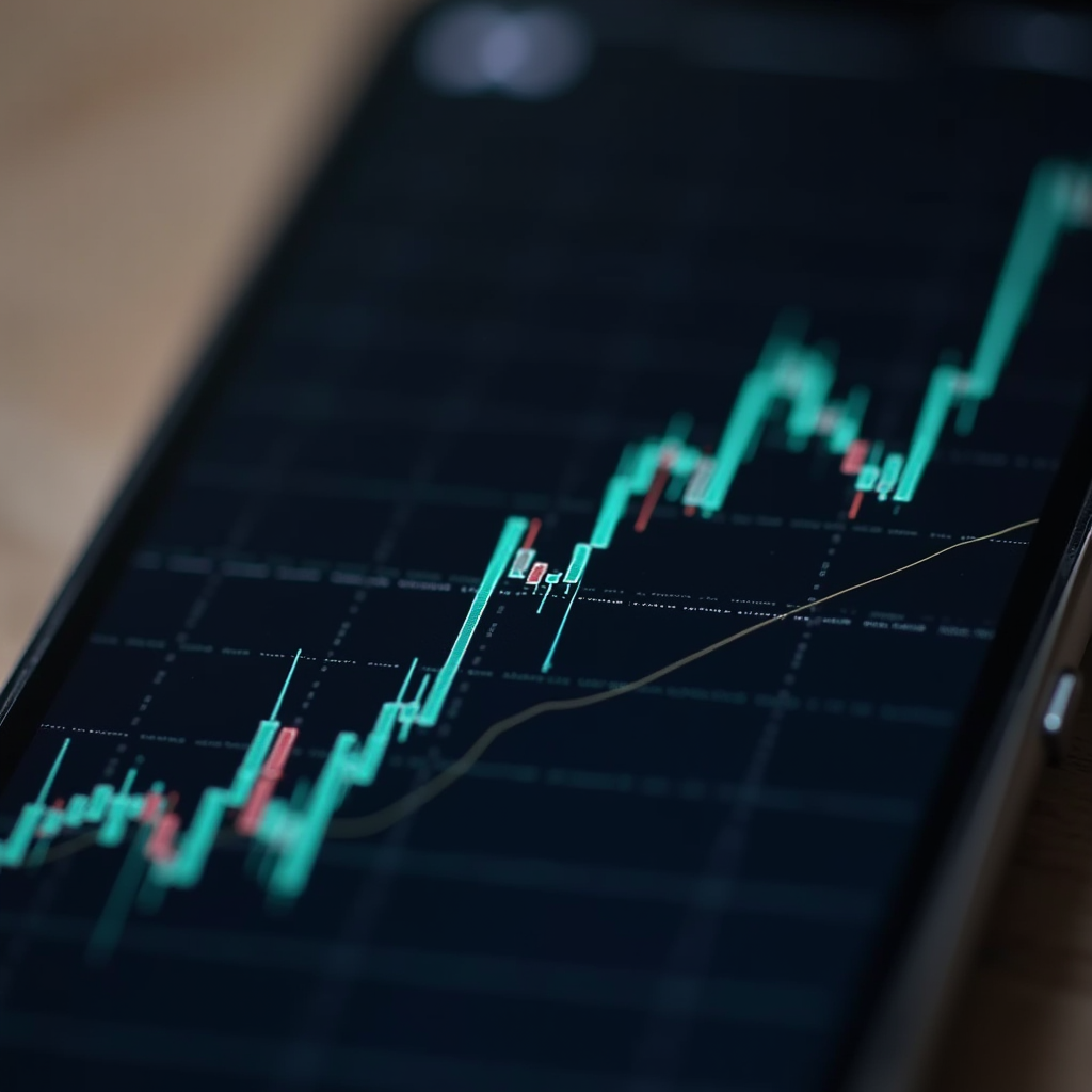 A close-up of a smartphone screen displaying a bullish candlestick chart.