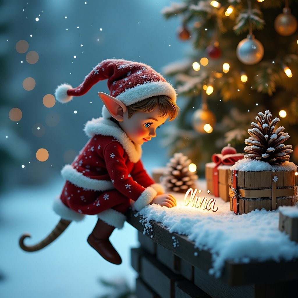 This image features a charming girl elf on a shelf, dressed in a red and white outfit, focused on writing the name 'Olivia' in the freshly fallen snow. She sits beside a beautifully decorated Christmas tree, adorned with shimmering ornaments and lights, creating a warm festive atmosphere. The scene includes cute pine cone decorations and wrapped gifts, adding to the seasonal charm. The elf's expression is one of concentration and joy, encapsulating the magic of the holidays. The soft, ambient lighting enhances the whimsical feel of this winter wonderland setting.