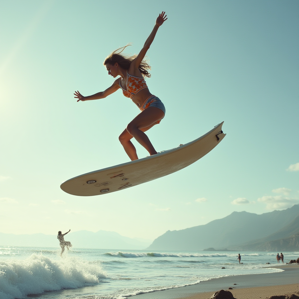 A surfer performs an impressive airborne trick above the waves at sunset.