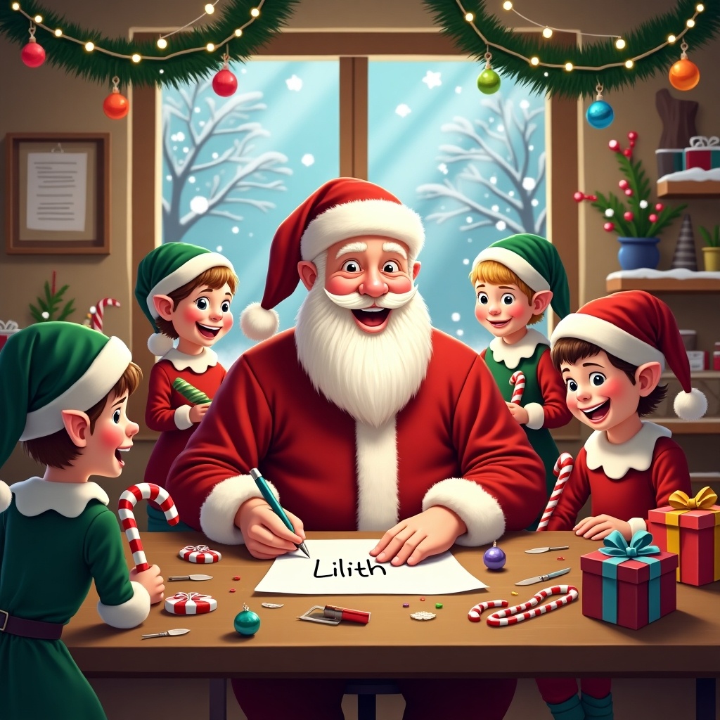 This image depicts a joyful Christmas scene inside a workshop. Santa Claus is at a table, surrounded by cheerful elves. They are all smiling and engaging in festive activities. The elves are dressed in green hats and red outfits, while Santa wears his classic red suit. The table is adorned with brightly wrapped presents, candy canes, and colorful ornaments. Outside the window, snow is falling, creating a cozy winter atmosphere. Warm lights and decorations enhance the festive mood as Santa writes the name Lilith.