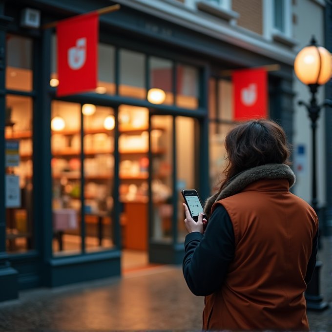 A person using a smartphone stands outside a warmly lit bookstore on a city street.