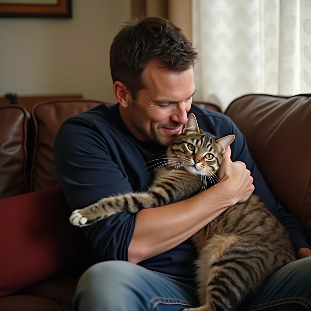 A man is sitting comfortably on a couch with a cozy atmosphere. He is hugging his cat affectionately, showcasing the bond between them. The cat looks content and playful, adding warmth to the scene. Natural light fills the room, creating a peaceful and inviting space. This captures a moment of companionship and love that pet owners often cherish.