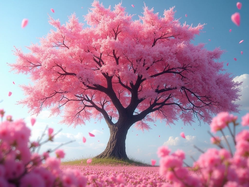 This image features a majestic tree, fully adorned with vibrant pink flowers, symbolizing the beauty of spring. The tree stands tall against a clear blue sky, creating a peaceful and inviting atmosphere. Soft pink petals float gently in the air, contributing to the dreamy effect. The ground is covered with a lush carpet of pink flowers, enhancing the scene's charm. It evokes feelings of serenity and joy, perfect for celebrating the arrival of spring.