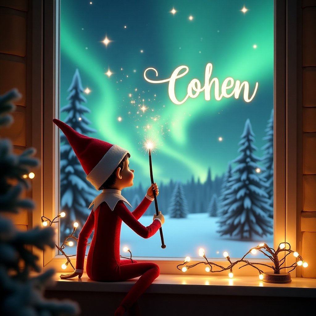 The image showcases an enchanting scene featuring an elf on the shelf with his back to the viewer. Dressed in a festive red outfit with a pointed hat, the elf is gazing up at a stunning display of northern lights. He holds a magical wand as he writes the name 'Cohen' in elegant cursive against the backdrop. The window reveals a cozy winter landscape filled with snow-covered trees and twinkling holiday lights. This delightful scene embodies the essence of Christmas magic, creating a warm and inviting atmosphere perfect for the holiday season.