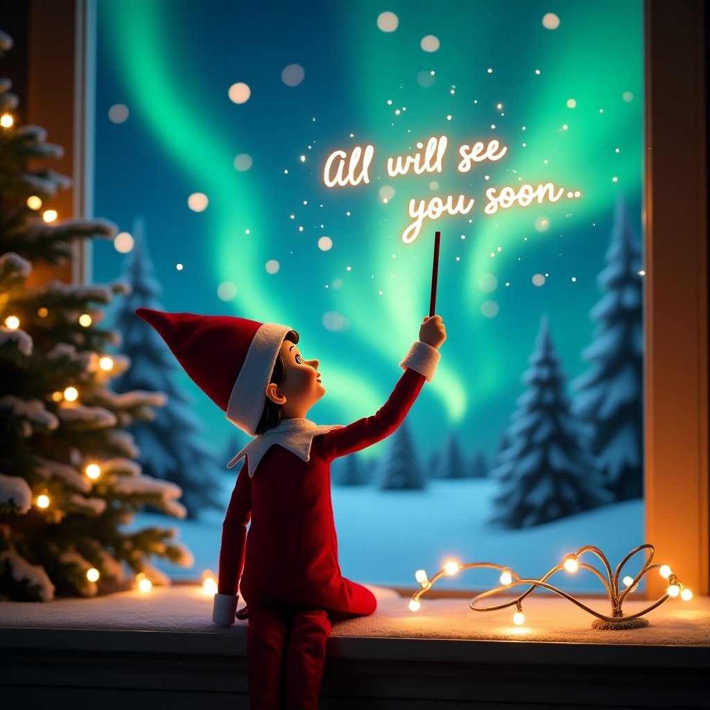 An enchanting Christmas scene featuring an elf on the shelf. The elf, dressed in red and white, faces the sky with his back turned to the viewer. He wields a magic wand, writing 'I will see you soon,' ‘Charlie,' ‘Greyson,' 'Abigail,' and 'Anastasia' in glowing script. The backdrop is vibrant with northern lights, casting a magical glow. The scene is festive, showcasing the spirit of Christmas in a whimsical manner. It captures a sense of wonder and excitement during the holiday season.