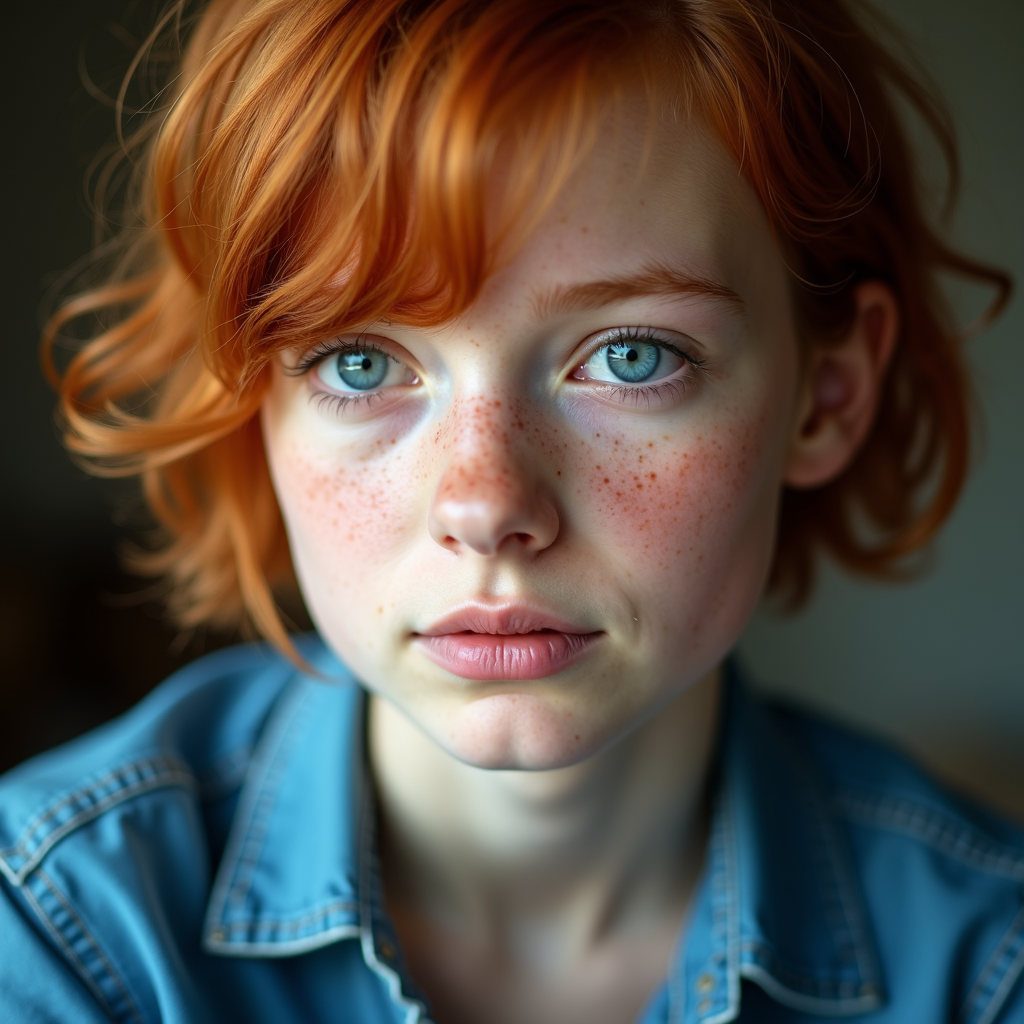 A person with bright blue eyes and red hair, speckled with freckles, wearing a blue denim shirt.