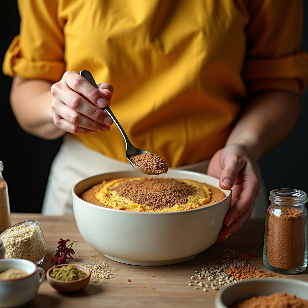 A person in a yellow shirt sprinkles cocoa powder on a dessert in a white bowl, surrounded by various spices and ingredients on a wooden table.