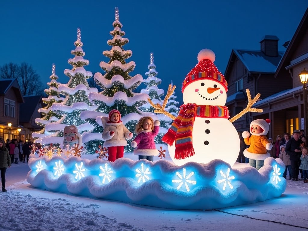 A winter wonderland parade float showcasing a large, illuminated snowman surrounded by decorated snow-covered trees. The float is vibrant with festive lights, creating a magical atmosphere. Children are depicted joyfully playing near the float, embodying the spirit of the winter season. The background hints at a crowd admiring the display, highlighting the community aspect of the celebration. Overall, it captures the essence of a winter-themed festival celebrating family and holiday cheer.