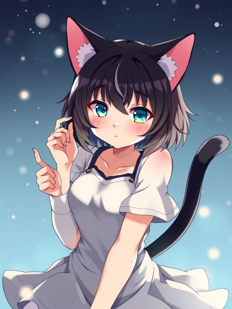 A girl with cat ears and a tail is posed under a starry sky, wearing a white dress.