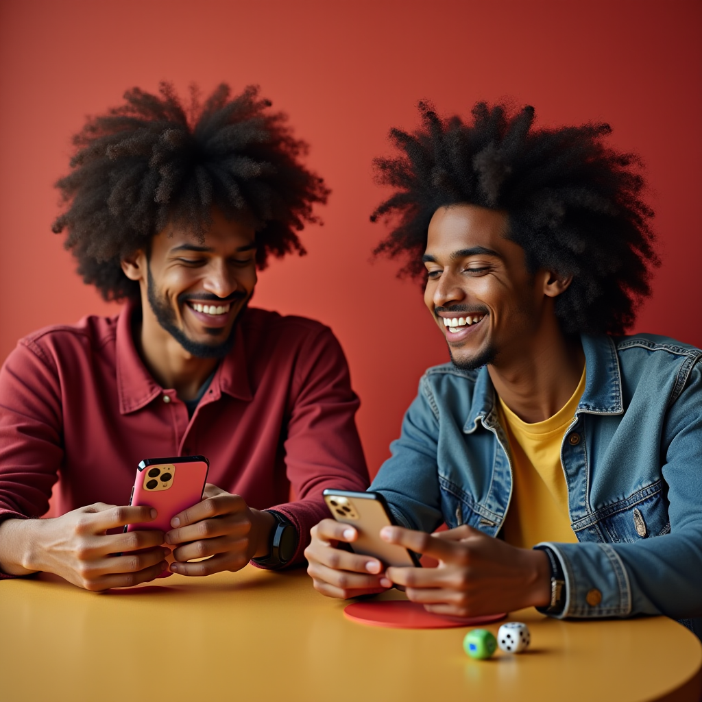 Two friends with curly hair sit at a table, smiling while holding smartphones, with dice nearby.