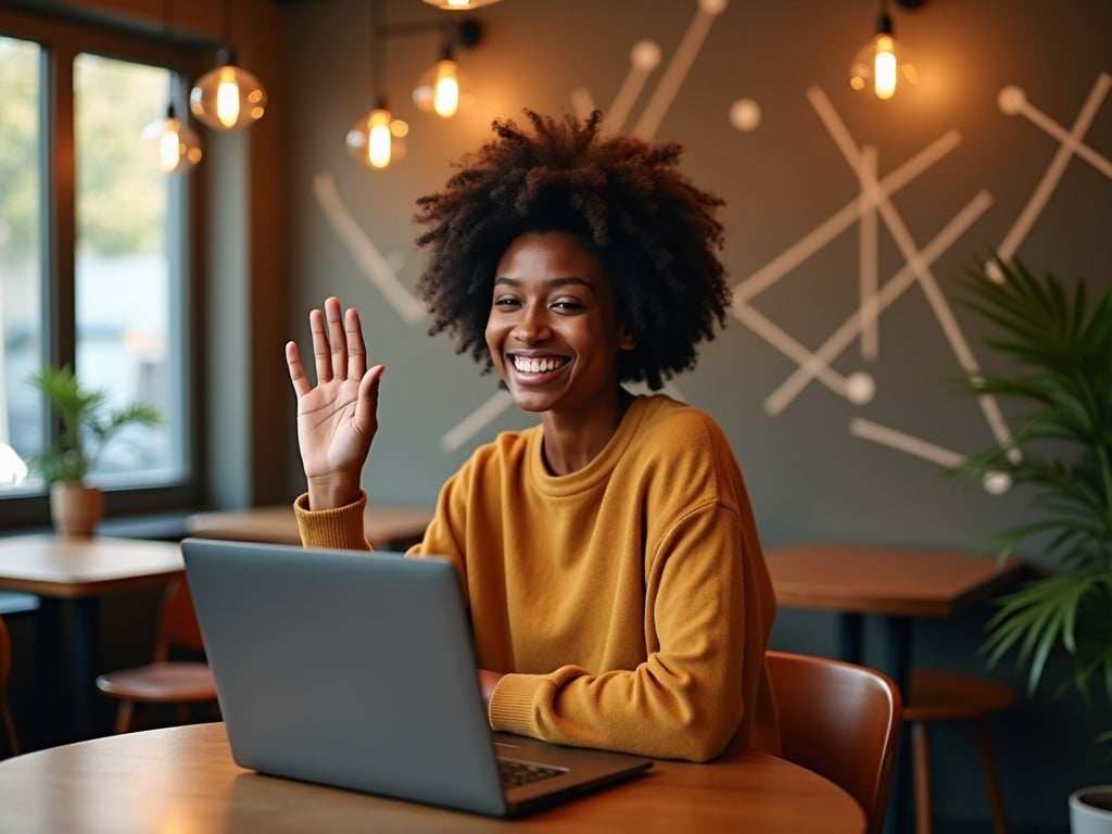 The image shows a woman in a coffee shop using a laptop, looking directly at the camera with a warm smile. She waves her hand in an inviting gesture, creating a sense of connection. The environment is cozy, with wooden tables and ambient light fixtures. There are plants around, adding a touch of nature to the modern setting. The woman appears confident and relaxed, embodying a productive yet informal workspace atmosphere.