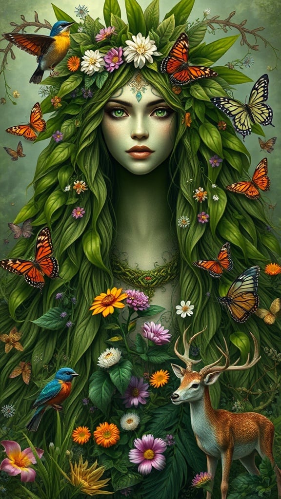 A mystical figure emerges from the heart of nature, her hair made of lush green leaves interwoven with colorful wildflowers. Surrounding her are delicate butterflies fluttering close, a vibrant bird perched nearby, and a graceful deer, creating a harmonious blend of flora and fauna. The image evokes a sense of serenity and connection to the earth, capturing the essence of the natural world.