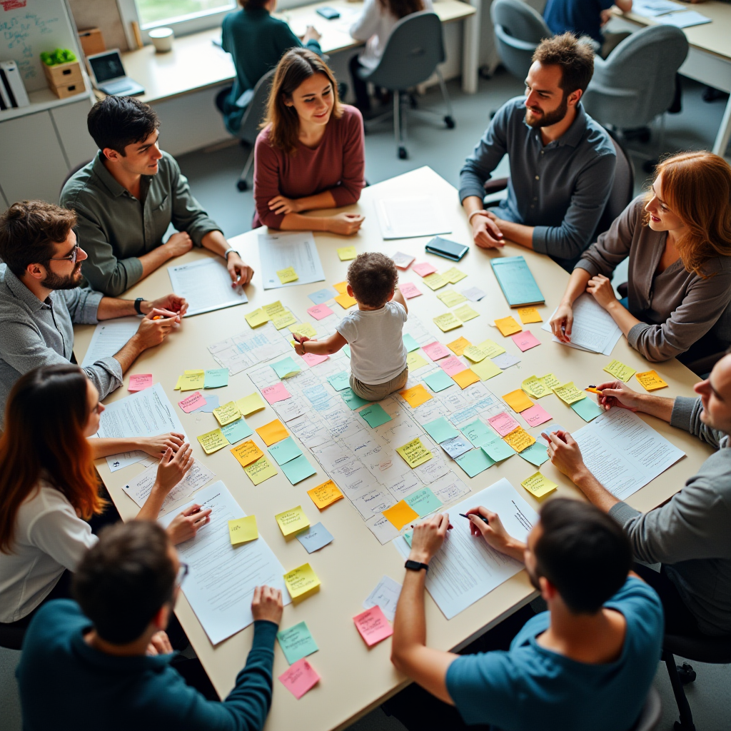 A group of people are sitting around a table covered with colorful sticky notes, with a baby sitting in the center.