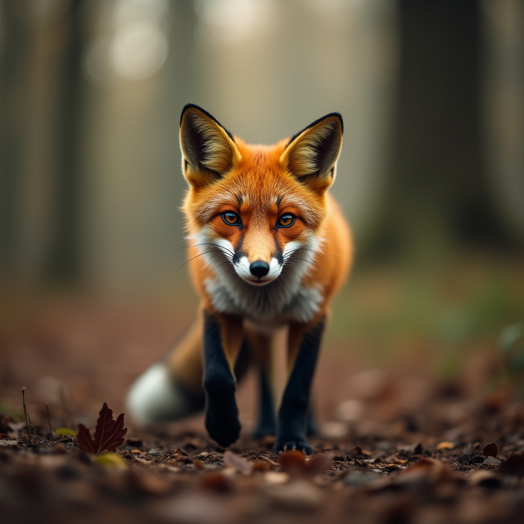 A fox with bright fur stands alert on a forest floor covered in fallen leaves.