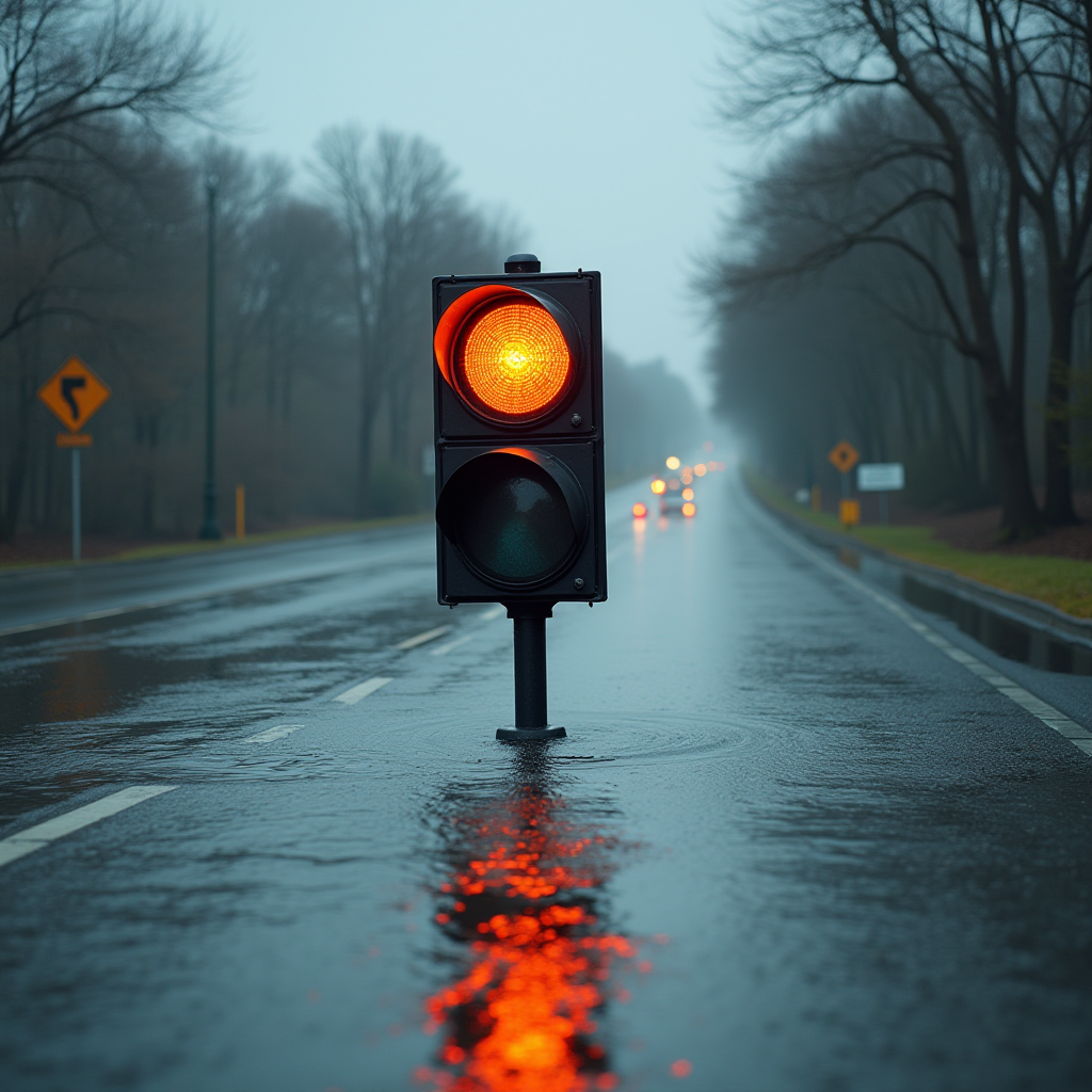 A glowing amber traffic light reflects on a wet, empty road during a misty day.