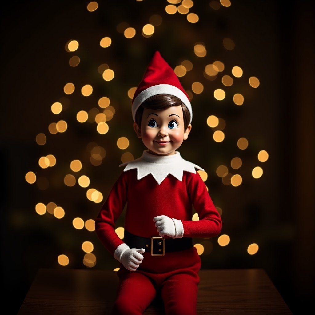 This image features an elf on the shelf character, dressed in traditional red and white attire. The elf is posed with a cheerful smile, sitting on a table. The background is dark, creating a cozy ambiance, while soft, glowing lights suggest the presence of a Christmas tree. This scene embodies the happiness and magic of the holiday season. It's perfect for capturing the joy associated with Christmas celebrations. The warm lighting enhances the festive spirit, making it inviting and cheerful.