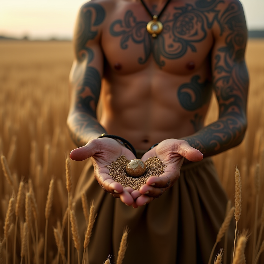 A tattooed person holds a handful of seeds and a stone, standing in a wheat field at dusk.