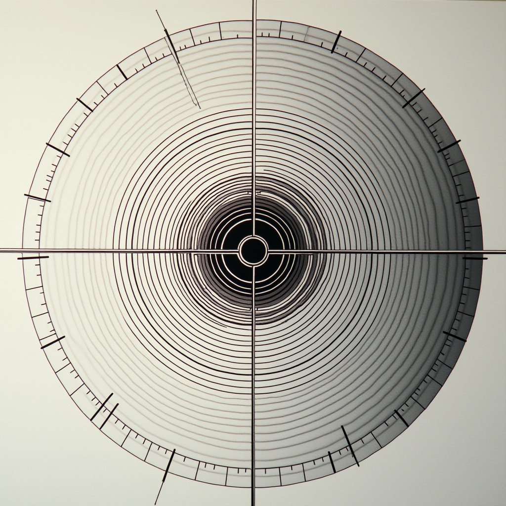 The image showcases a symmetrical, circular design reminiscent of a radar or a crosshair. At the center, there is a small, solid black circle surrounded by concentric rings that gradually increase in size, resembling ripples on water. Four lines extend from the circle, forming a cross that divides the entire structure into four quadrants. Each quadrant is marked with small, precisely arranged lines or dashes that evoke the appearance of measurements or scales. The overall aesthetic is minimalistic, with a monochromatic palette emphasizing the geometric precision and symmetry of the design.