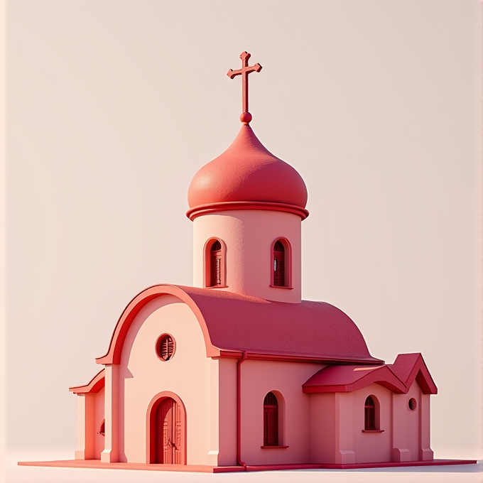 A small, pink church with a dome and cross sits under soft lighting.