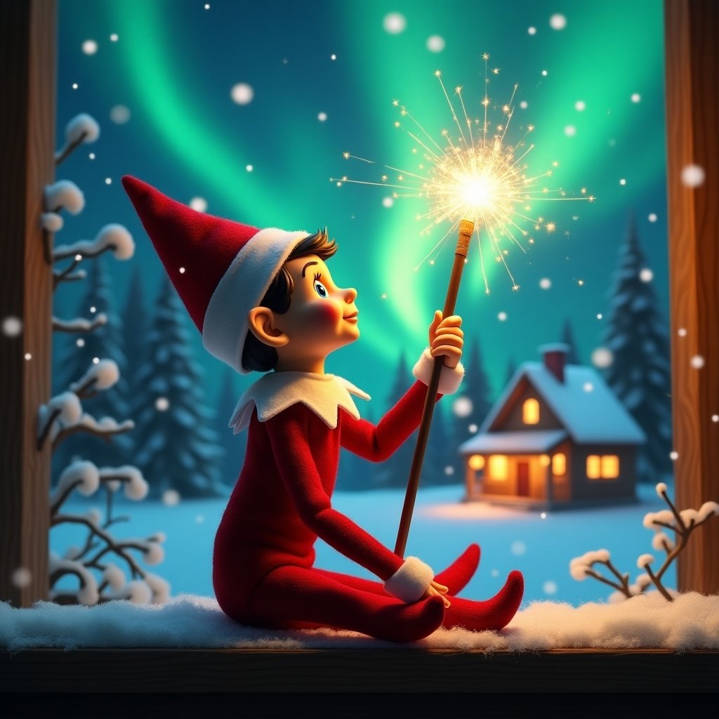 An elf on the shelf sits with its back to the viewer, gazing skyward. It holds a glowing wand that emits sparkling light. The background showcases a charming Christmas scene with colorful northern lights swirling above. In the distance, a cozy house can be seen, decorated for the holidays. Snow covers the ground, adding to the winter atmosphere. The elf is in a playful position, embodying the spirit of magic and wonder associated with Christmas. writing ‘Otis’